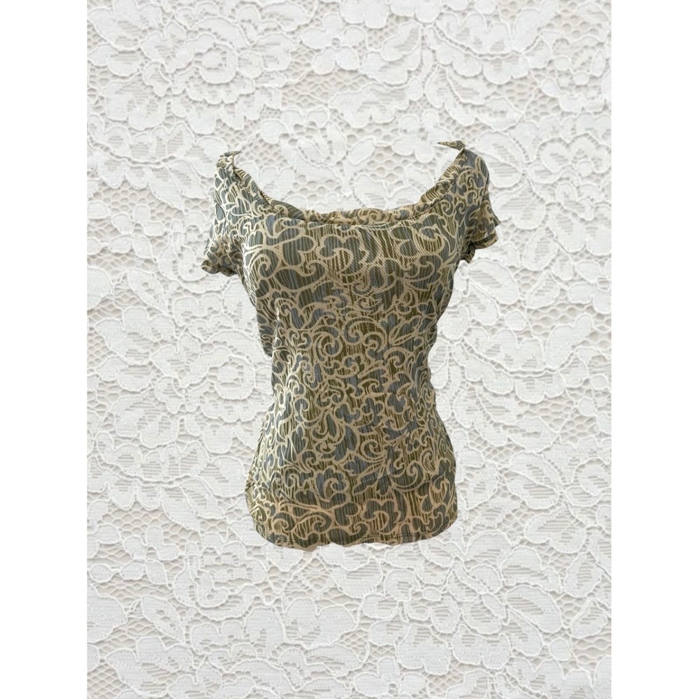 vintage 90s green and blue paisley patterned mesh short sleeve baby tee top